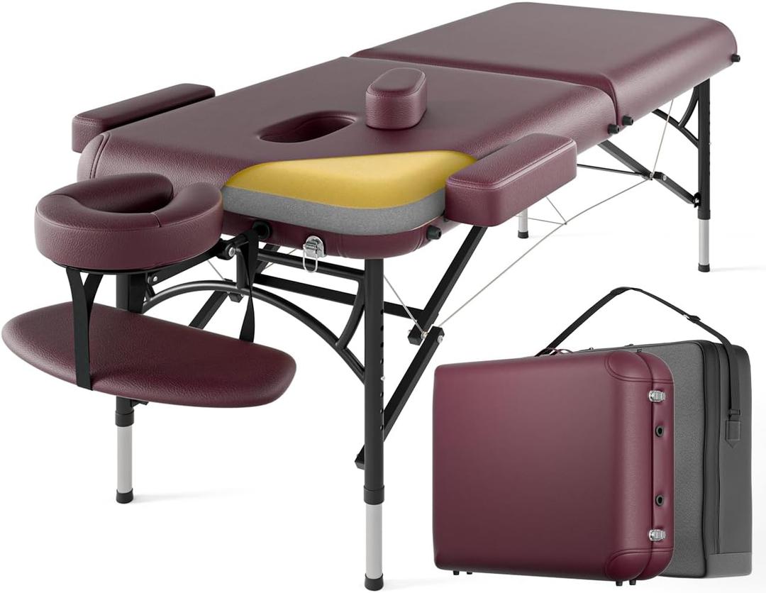 Professional Massage Table Portable 2 Fold Premium Memory Foam Aluminium Leg Hold Up to 1100LBS 8 Heights Adjustable with Carrying Bag Burgundy