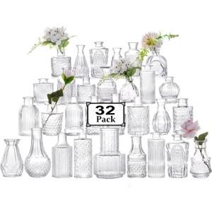 HYRIXDIRECT 32pcs Glass Bud Vase Set, Small Vintage Glass Vase, Mini Vases for Flowers for Wedding, Party, Home or Table Decoration