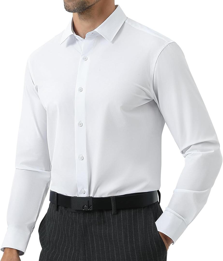 JCARSON Business Travel Mens Dress Shirt Slim Fit Wrinkle Free Non Iron Stretch Lightweight with Breathable Mesh Lined Collar (White, XL)