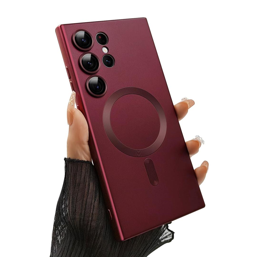 Magnetic case for Samsung Galaxy S24 Ultra Phone Case for Women/Men, Matte Luxury Soft Metallic Luster Design with Camera Lens Protector, Shockproof Anti-Scratch Phone Case 6.8" -Wine Red