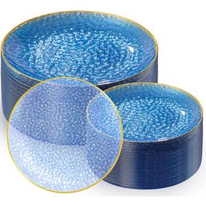 Rubtlamp 100Pcs Blue Gold Plastic Plates, Blue Disposable Plates With Gold Rim, Hammered Plastic Plates Include 50 Dessert Platos, 50 Dinner Platos for Party