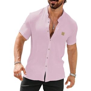 Men's Casual Sporty Short-Sleeve Button-Down Shirt for Summer Beach Fashion (Large, Pink)