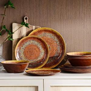 FINE&NICE Melamine Dinnerware Set of 12Pcs, Dish Set for 4, Lightweight Unbreakable Plate and Bowl Set for Patio, RV and Camping, Dishwasher Safe, Rusty Brown