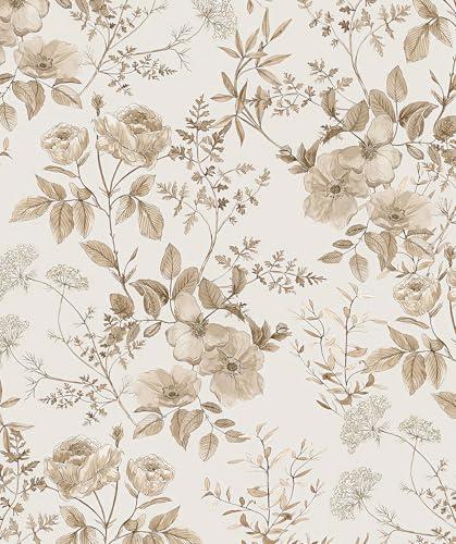 Erfoni 16.9" x118" Boho Floral Peel and Stick Wallpaper Beige Flower and Leaf Contact Paper Self Adhsive Removable Wallpaper Boho Botanical Wall Paper for Bedroom Cabinets Decor Vinyl Roll Waterproof