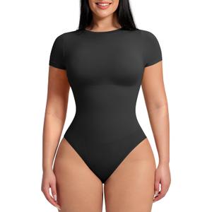 FeelinGirl Shapewear Bodysuit Compression Body Suits Women's Bodysuits High Neck Short Sleeve Plus Size Body Suit Body Shaper, XXL
