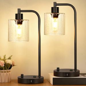 Set of 2 Industrial Table Lamps with 2 USB Port, Fully Stepless Dimmable Bedside Lamps for bedrooms, Nightstand Desk Lamp with Seeded Glass Shade for Reading Living Room Office 2 LED Bulb Included (Glass & Matte Black(Base))