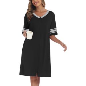 Ekouaer Women Zipper Robe Short Striped Sleeves Lightweight Robes Color Block Bathrobe Soft Sleepwear with Pockets (Black) S