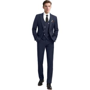 3 Piece Men's Suits Slim Fit Suits Double Breasted Suit Wedding Groomsmen Prom Business Suit Formal Tuxeds Blazer (Medium, Navyblue)