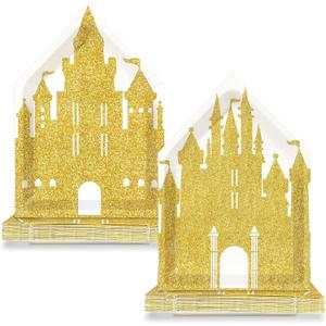 50Pcs 10 Inch Princess Castle Shaped Paper Plates Gold Glitter Castle Party Decorations Princess Disposable Dinner Plates Fairytale Themed Tableware for Girls Birthday Party Baby Shower Decoration