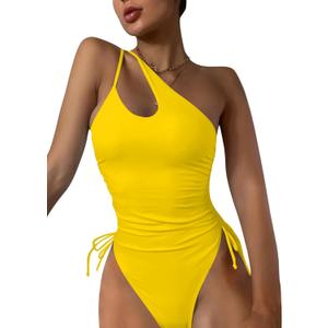 Eomenie Women's One Piece One Shoulder Swimsuit with Drawstring Tummy Control Bathing Suit Sexy High Cut Swim Suits, M