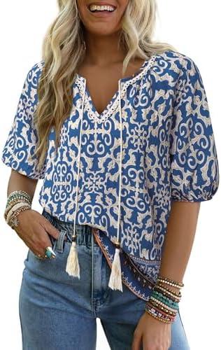 Vivilli Womens Summer Boho Tops Casual V Neck Short Sleeve Blouses Floral Print Shirt Tie Front Flowy Vacation Clothes
 Size M