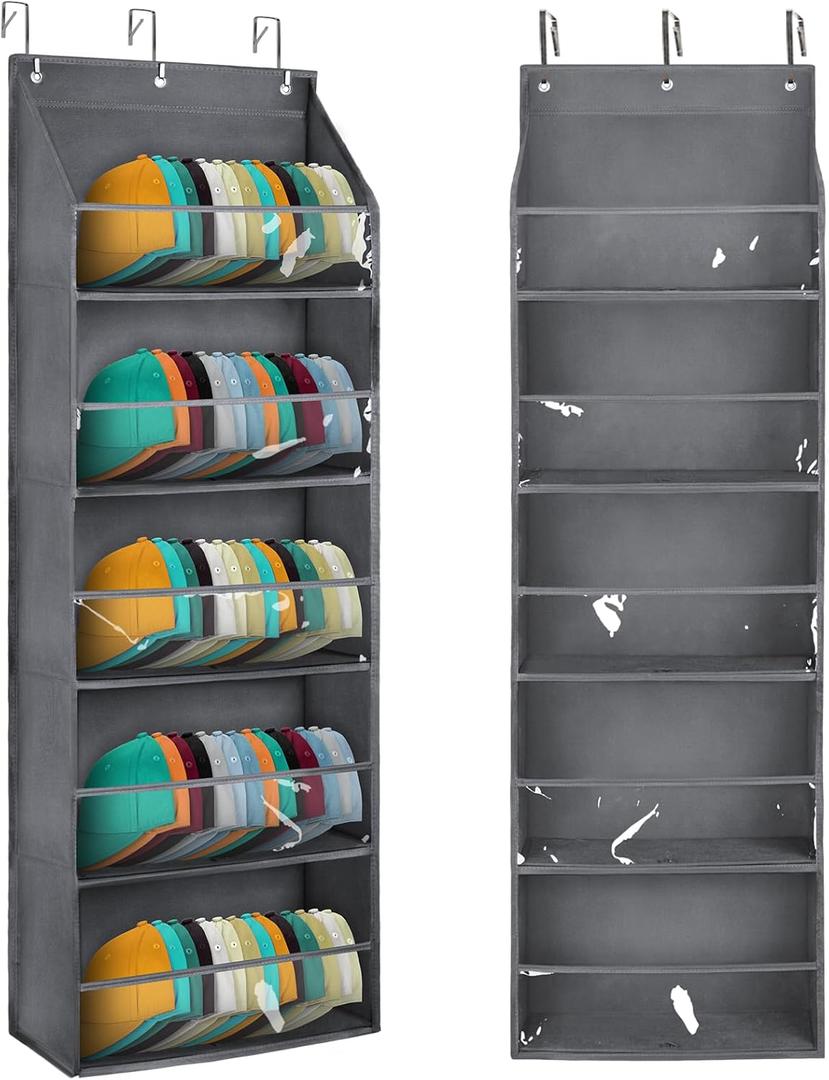 Hat Organizer for Baseball Caps - Hat Rack for Door - Hat Storage for Baseball CapsHat Holder on Wall, Clear Deep Pockets 5 Tiers, Holds at Least 60 Hats, with 3 Hooks (Grey)