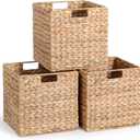 12 x 12 x 12in Water Hyacinth Storage Baskets, Wicker Storage Baskets for Shelves, Foldable Square Bins for IKEA Kallax Set of 3, Large Cubby Rattan Basket, Wicker Basket for Organizing