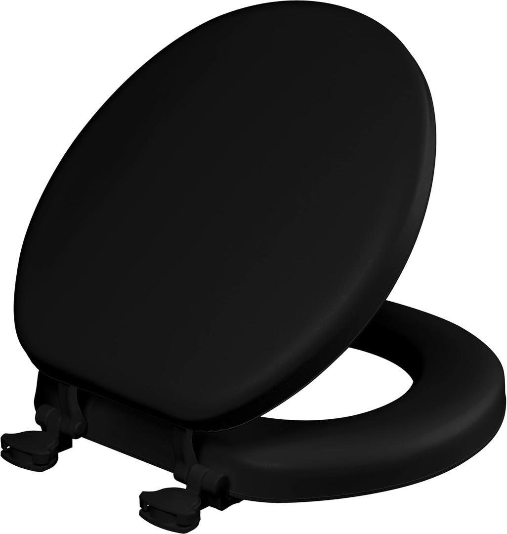 Mayfair Padded Toilet Seat, Cushioned Soft Vinyl over Wood Core Seat, Secure Hinges, Easy Clean, Made in USA, Round, Black