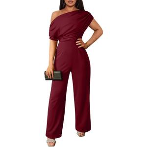 YMDUCH Women's Casual Sleeveless Off Shoulder Wide Leg Long Pant Jumpsuits (X-Large, Winered)
