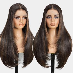 Synthetic Lace Front Wigs Pre Plucked 13x4 HD Lace 100% Futura Premium Highlight Brown Mix Black 26 Inch Long Layered Straight Wigs For Women Ready to Wear Wig With Bangs Beginner Friendly