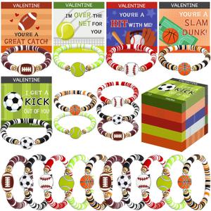 Huquary 30 Pack Valentines Day Exchange Gifts Sports Bracelets with Valentines Cards Bulk Football Basketball Soccer Baseball Tennis Clay Beaded Bracelets for Sports Party Favor Prize Reward