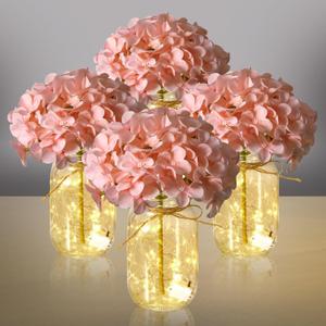 4 Sets Mason Jar with Lights Pink Hydrangea Decorative Pink Centerpieces for Tables Mason Jars Flowers Decorations LED Farmhouse Vase for Home Wedding Event Party Decor