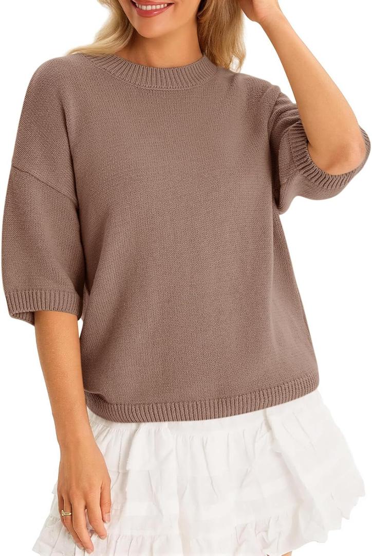 Cicy Bell Womens Short Sleeve Sweaters Oversized Crew Neck Knit Pullover Tops Summer Loose Fit Sweater (Large, Brown)