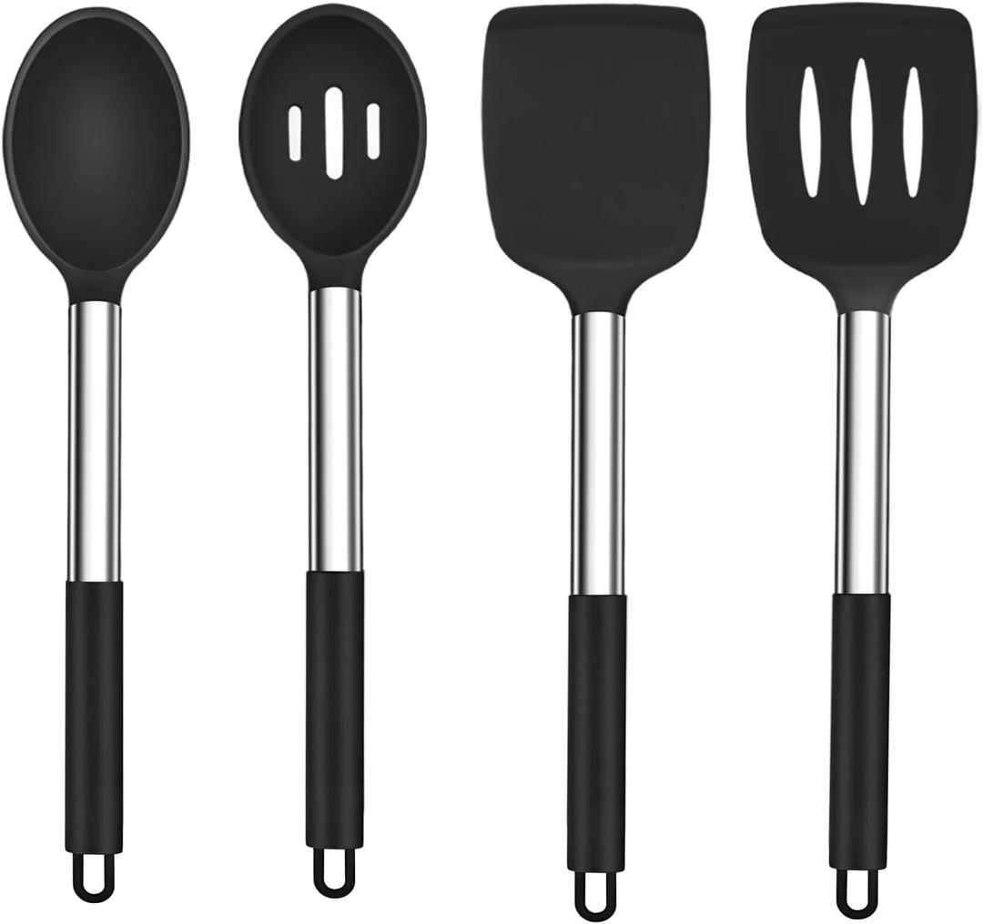 TeamFar Kitchen Utensils, 4 PCS Silicone Cooking Utensils Spatula Spoon Set with Stainless Steel Handle, for Frying Mixing Draining Turning, Healthy & Heat-proof, Non-stick & Dishwasher Safe - Black