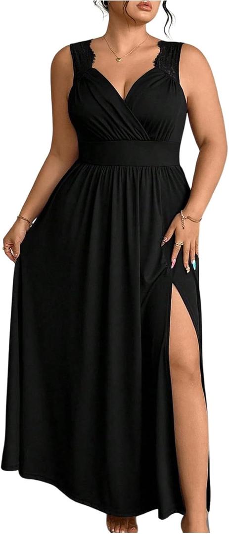 OYOANGLE Women's Plus Size Lace Trim Sleeveless Maxi Dress Wrap V Neck High Slit Formal Evening Dresses, Black, 4XL