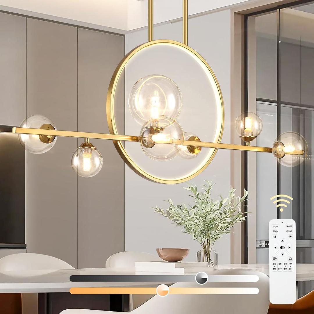 Gold Kitchen Island Light for Dining Room,37.4" Minimalist Dimmable LED Linear Pendant Lights with Globe Glass Shade,Ceiling Light Fixture Hanging for Dining Room, Office, Kitchen