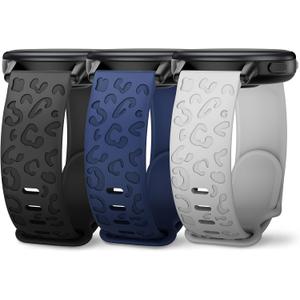3 Pack 18mm Cheetah Leopard Engraved Silicone Watch Bands Compatible With Garmin Venu 3S/Venu 2S/Vivoactive 4S/Vivomove 3S/Forerunner 255S/Forerunner 265S for Women Men (Black/Navy/Cloudy Grey)