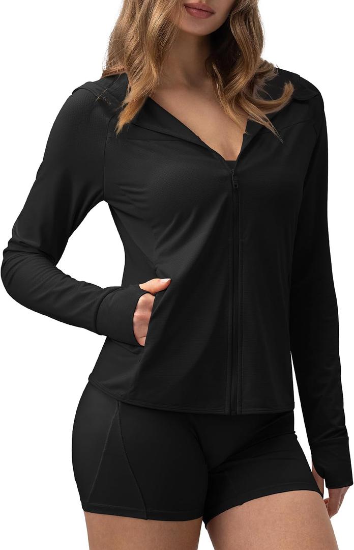AVGO Women's UPF 50+ Sun Protection Zip Up Hoodie Workout Jacket Lightweight Outdoor Long Sleeve SPF Shirt with Pocket (Black, S)