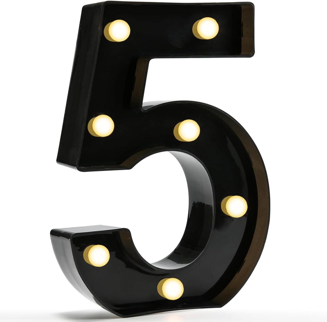 Pooqla Decorative Led Light Up Number Letters, Black Plastic Marquee Number Lights Sign for 5th 15th 50th Birthday Party Wedding Decor Battery Operated Black Number 5, 