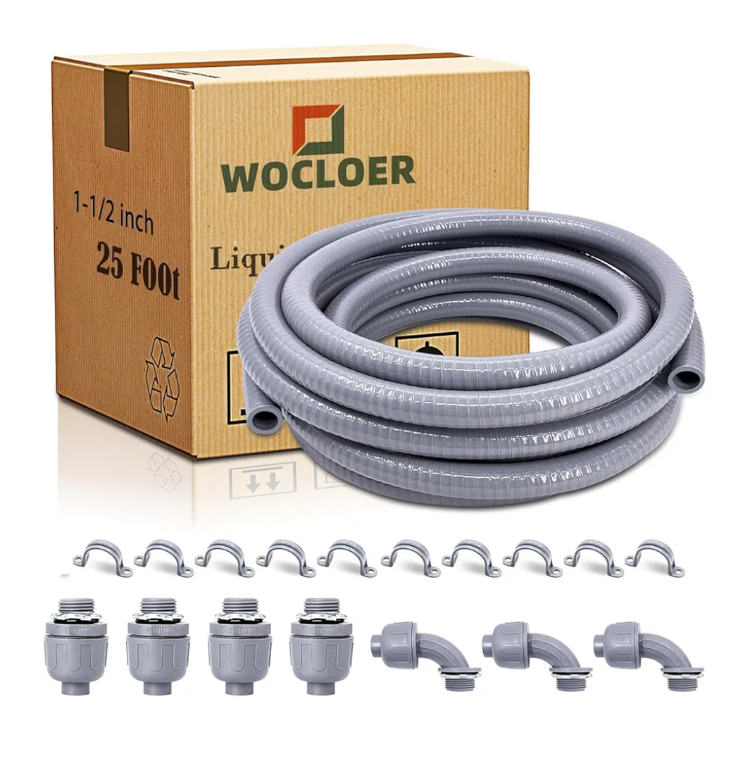 1-1/2 inch 25 Foot Liquid-Tight Conduit Kit, Flexible Non Metallic Electrical Conduit and Connector Kit, With 4 Straight and 3 Angle Fittings
