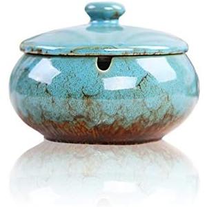Lependor Ceramic Ashtray with Lids, Windproof, Cigarette Ashtray for Indoor or Outdoor Use，Ash Holder for Smokers,Desktop Smoking Ash Tray for Home Office Decoration - Blue