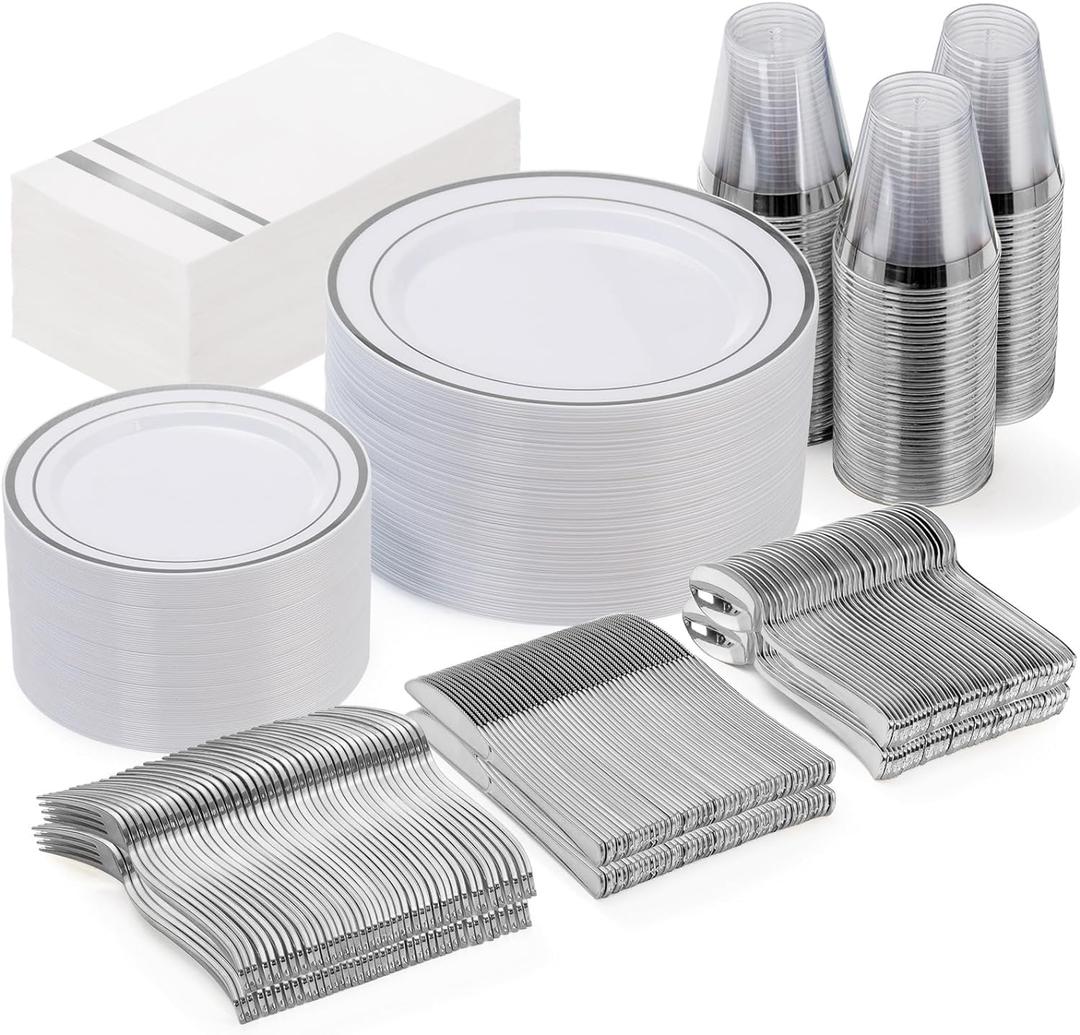 GATHER 350PCS Silver Plastic Plates - White and Silver Disposable Plates for 50 Guests Includes 50 Dinner Plates 50 Dessert Plates 50 Napkins 150 Silver Cutlery and 50 Cups for Wedding & Party