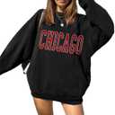 LilyCoco Women's Graphic Oversized Sweatshirt Long Sleeve Crewneck Pullover Top Chicago, Black, Large