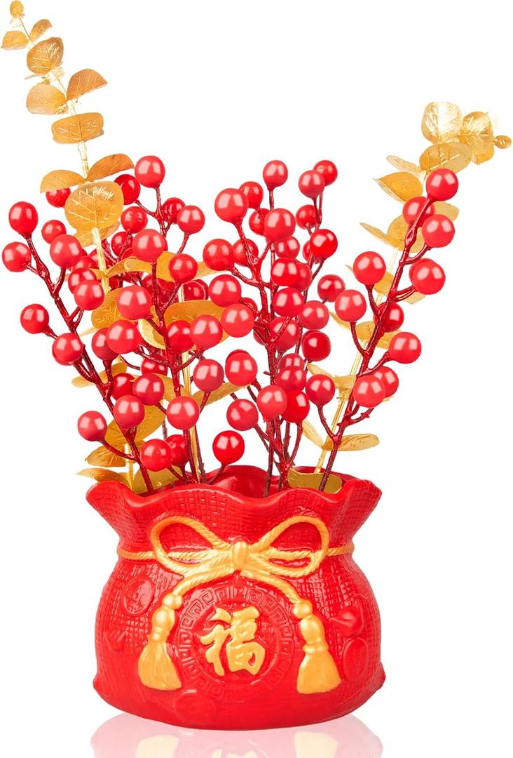Chinese New Year Bonsai Tree Artificial Spring Festival Flower Pot Table Ornament Red Blessing Bucket Gold Berry Flower Arrangement Artificial Branches Fortune Lucky Tree for Indoor Home Decor