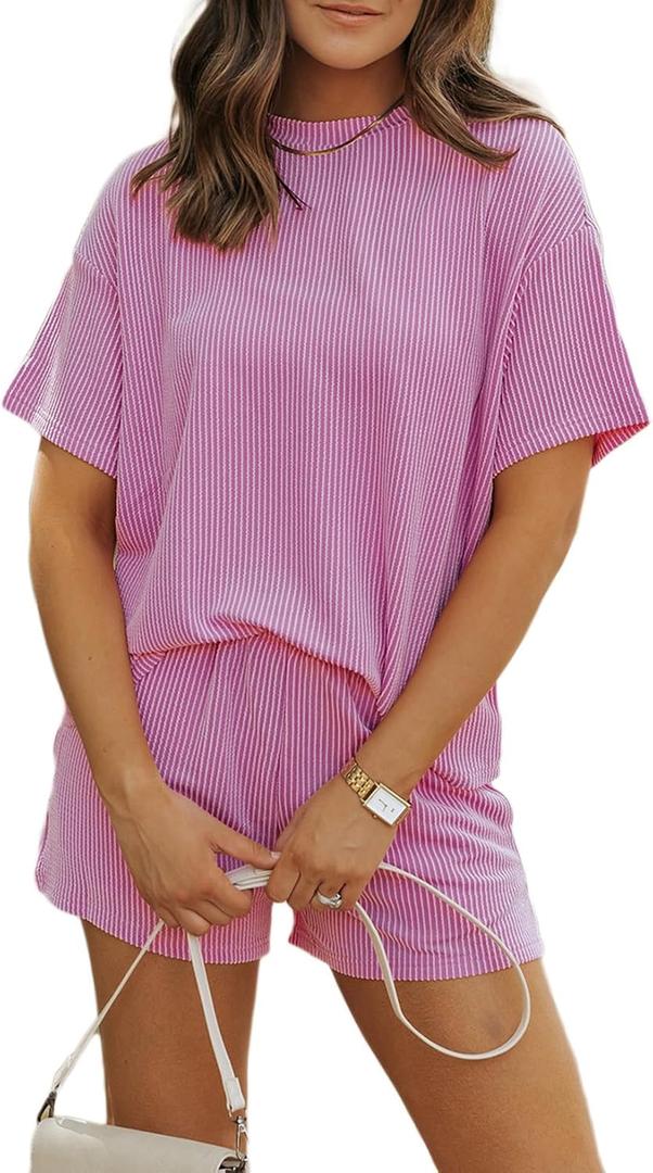 MARZXIN Women 2 Piece Shorts Set 2026 Casual Summer Cruise Outfits Ribbed Loose Short Sleeve Pocket Matching Lounge Sets (Pink, L)