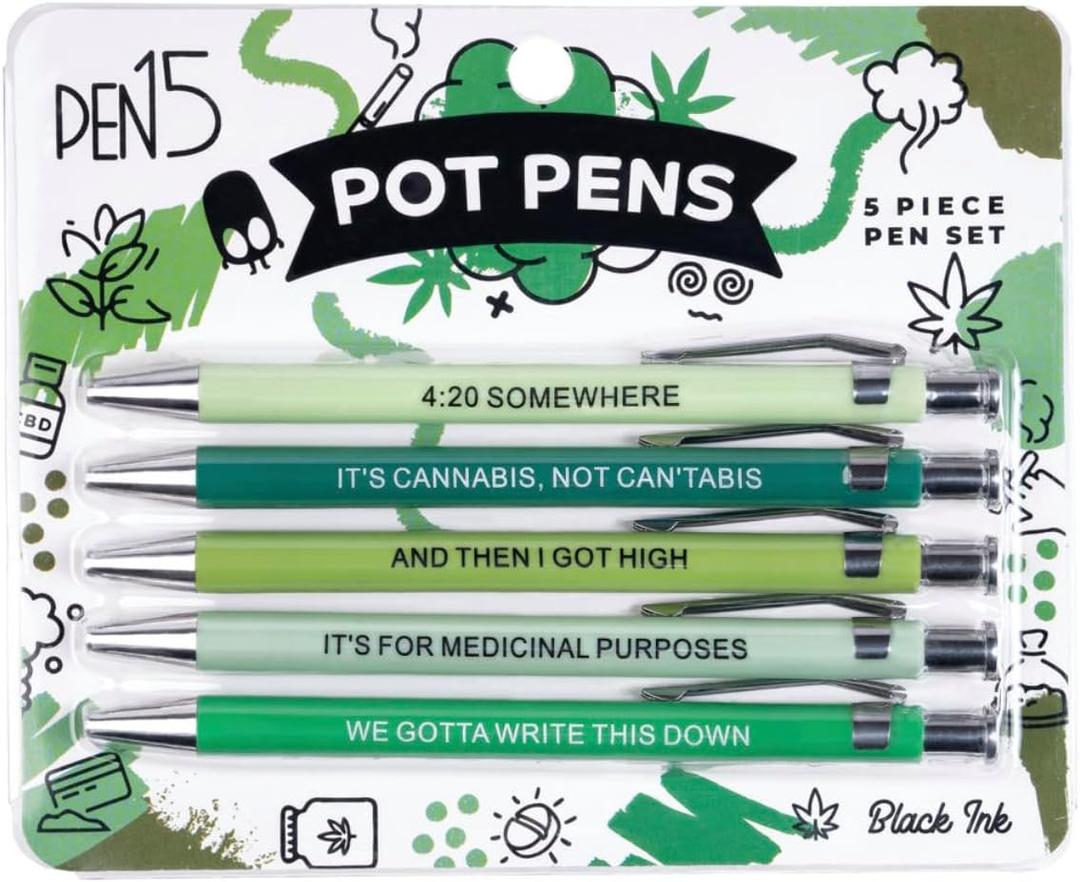 2 x Funny Pot Pens 5-Pack Set, Black Ink Ballpoint Pens with Sarcastic Weed Sayings, Gag Gift for Marijuana Smokers, Father's Day, Stoner Accessories, Office Supplies