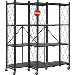 DEANIC 4 Tier Foldable Storage Shelves with Wheels, Large Capacity Shelving Unit, Freestanding Metal Wire Shelf Rack, No Assembly Organizer Rack for Garage Kitchen, Basement, Pantry(Black Pack of 2)