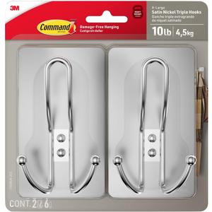 Command X-Large Satin Nickel Triple Hook, 2 Hooks, 6 Strips, Damage-Free Hanging with Adhesive Strips, No Tools Wall Hook for Hanging Decorations in Living Spaces
