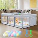 Fshibila 74" 50" Large Baby Playpen, Baby Playard for Babies and Toddlers, PlayPen for Indoor & Outdoor, Sturdy Safety Play Yard with Soft Breathable Mesh, Anti-Fall, Ball x 18, Handle x 2, Grey