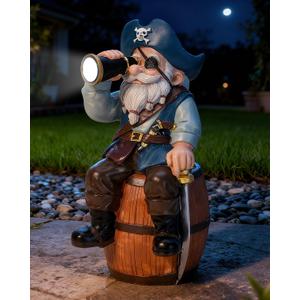 Solar Garden Gnome Statues Funny Resin Pirate Gnome Decorations Sitting on Wine Barrel Outdoor Figurines for Yard Patio Mom Gift