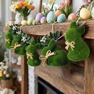 Suncalla 8.2ft Moss Green Easter Bunny Garland with Bow Farmhouse Rustic Spring Decor Flocked Easter Hanging Banner for Mantel Fireplace Wall Home Office Decoration