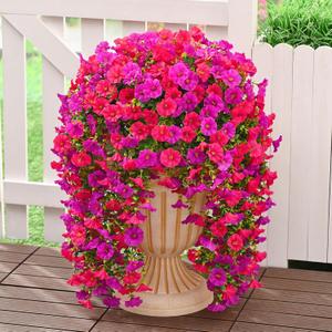 Dolicer 2 Packs Look Real Artificial Flowers for Outdoors, Fake Artificial Hanging Flowers for Outdoors Realistic UV Resistant Faux Hanging Flowers Silk Petunia for Porch Patio (Fuchsia+Rose Red)