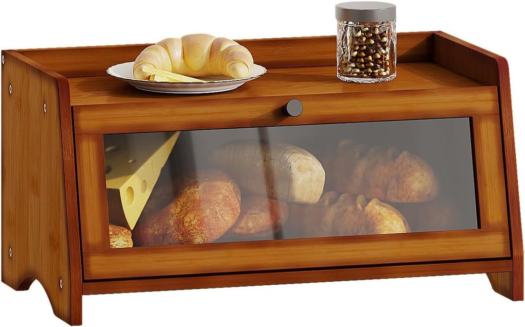 BAMBANG Bread Box for Kitchen Countertop, Bamboo Bread Box for Homemade Bread, Wooden Farmhouse Bread Storage Container, Small Breadbox Bread Bin Organizer for Counter Cabinet Pantry, Brown