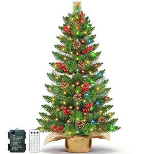 3 Ft Artificial Small Mini Christmas Tree with Dual Color Warm White & Colorful Lights, Tabletop Christmas Tree Battery Operated Pinecones Red Berries, Remote Control, 12 Modes Timer, Burlap Base