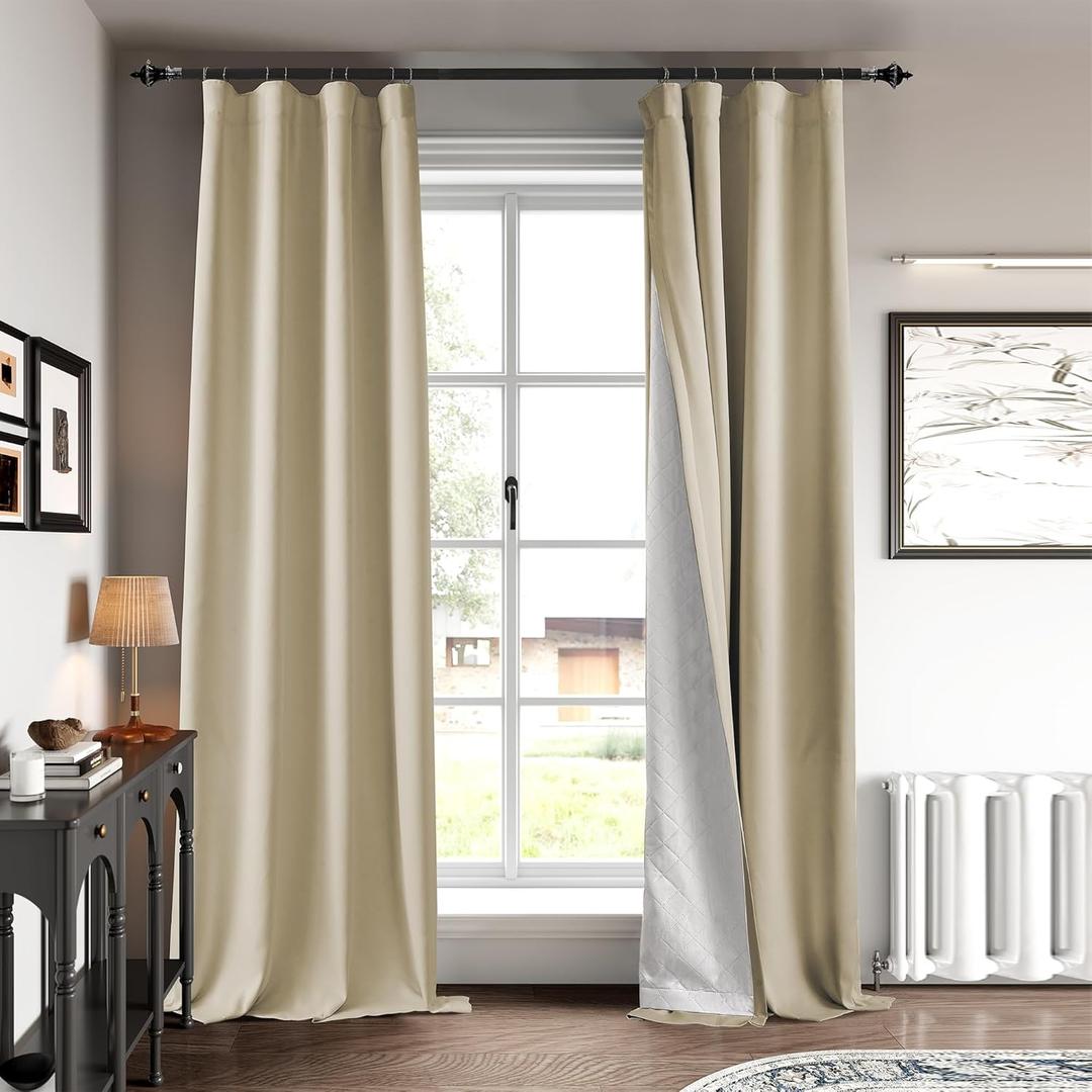 KNEQOIT 3-in-1 Layers Soundproof Fully Blackout Curtains 72 inch - Thermal Insulated, Noise Canceling Back Tab Drapes for Kids Bedroom, with Hooks, Beige, 50x72 Inch, 1 Panel