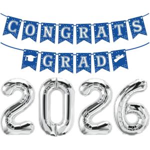 Navy Blue and Silver Graduation Decorations 2026, Silver 2026 Balloons, Congrats Grad Banner, Graduation Party Supplies