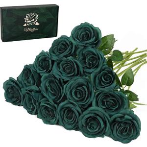 Waipfaru 16 Pcs St Patricks Day Roses, Long Stem Fake Roses Artificial Flowers, Silk Flowers for Valentines, Roses Bouquet Peacock Green Home Decor