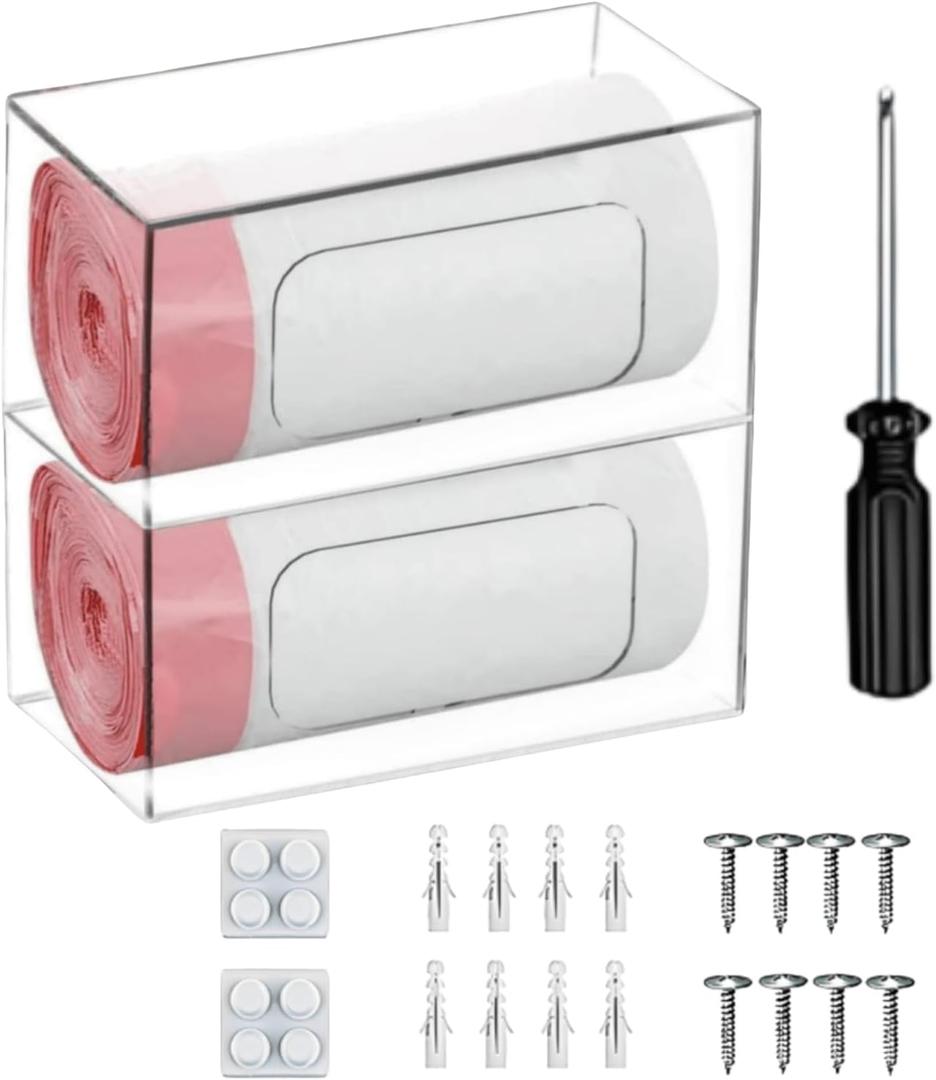 Acrylic Trash Bag Dispenser Roll Holder 2 Compartment Clear Wall Mount & Trash Bag Holder Under Sink Organizer for Kitchen Cabinet, Drawer, Pantry Trash Liner Storage Box for Garbage, Grocery Bags