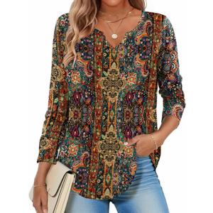 Zeagoo Long Sleeve Shirts for Women Fall V Neck Tops Casual Dressy Blouse Boho Tunic Business Work Clothes School Outfit (XXL)