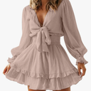 XUNRYAN Women Summer Twist Front Sexy Cutout Casual Dress 2022 V Neck Long Sleeve Dress Ruffle Swing Blouse Mini Dresses Size M Beige